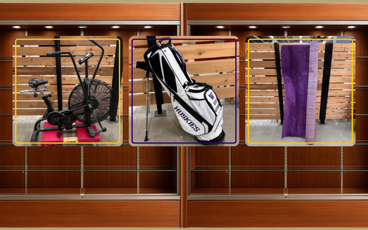 wood display cabinets showing three images of a stationary workout bike, a golf bag and a fuzzy purple rug