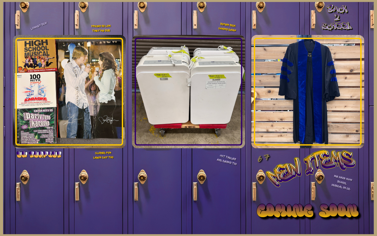 row of lockers with three images of a High School Musical CD, air purifiers and grad robes