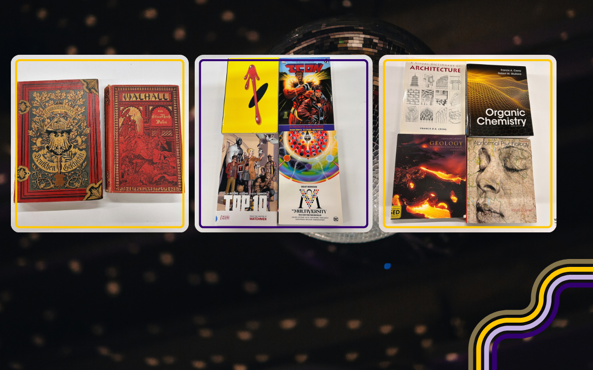 disco ball against a dark background with three images of two old german books, 4 comics and 4 textbooks