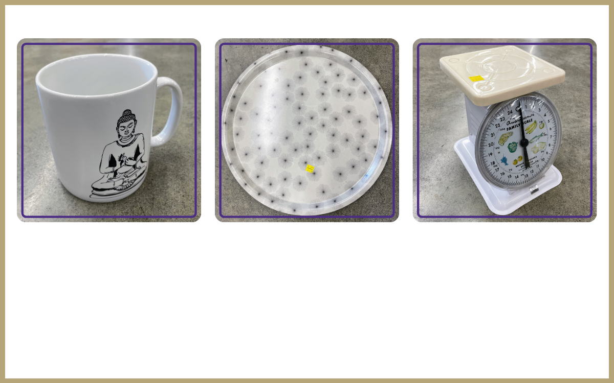 coffee mug, round tray, kitchen scale