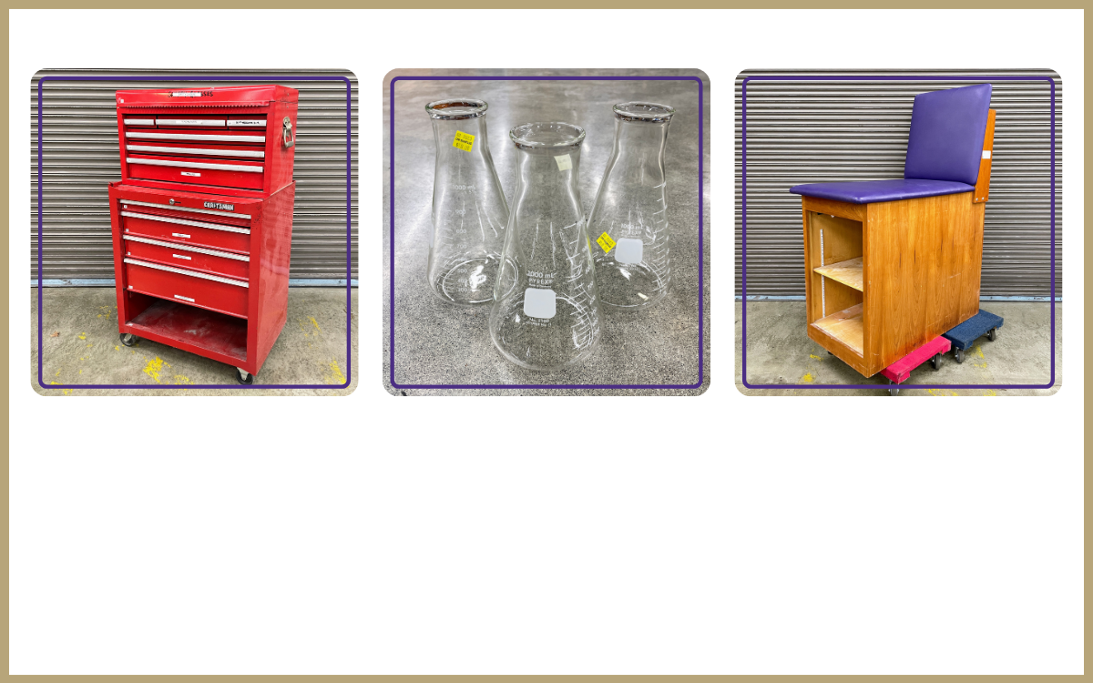 red tool chest on wheels, lab glass, tall treatment table with purple seat