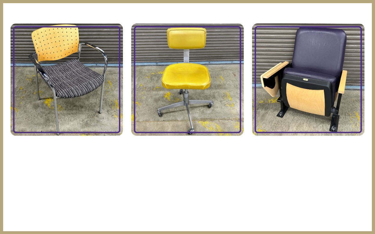 Patterned fabric and wood chair, vintage yellow Steelcase chair, Husky auditorium seat