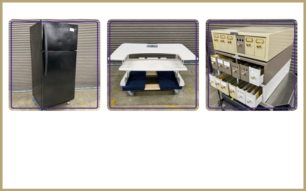 Black refrigerator, white Varidesk, Histology sample drawers