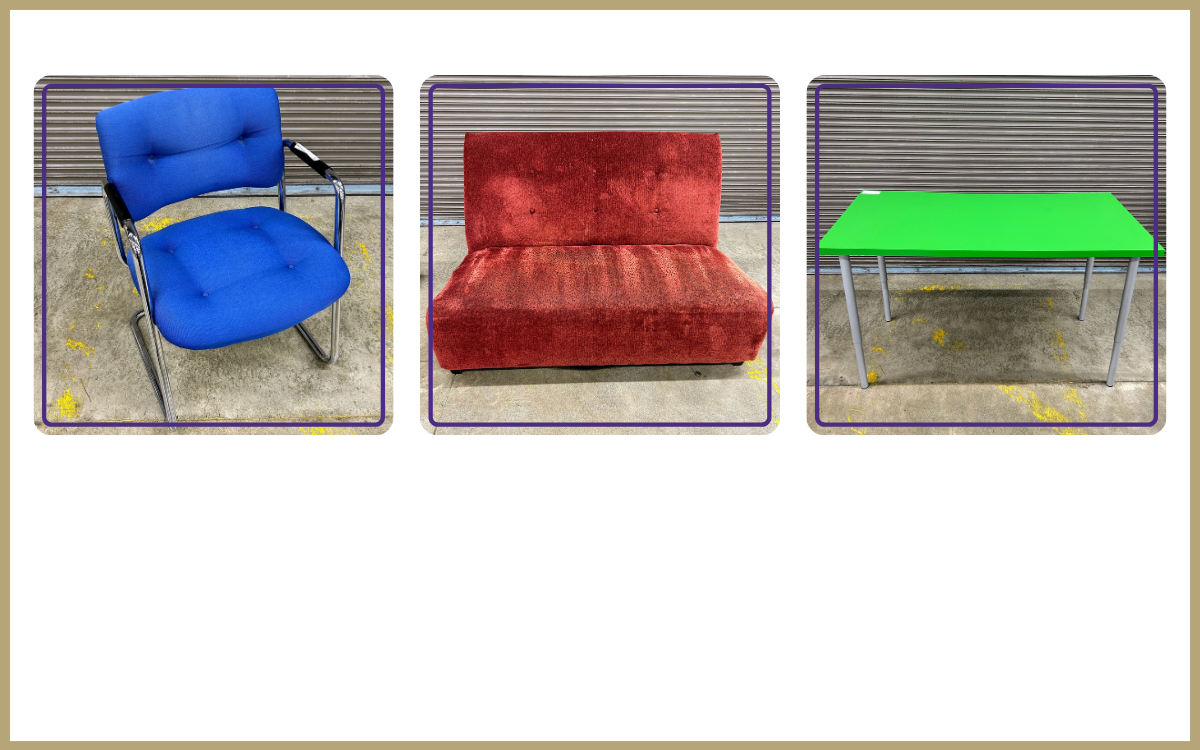 Blue fabric chair, red fabric couch, green top table