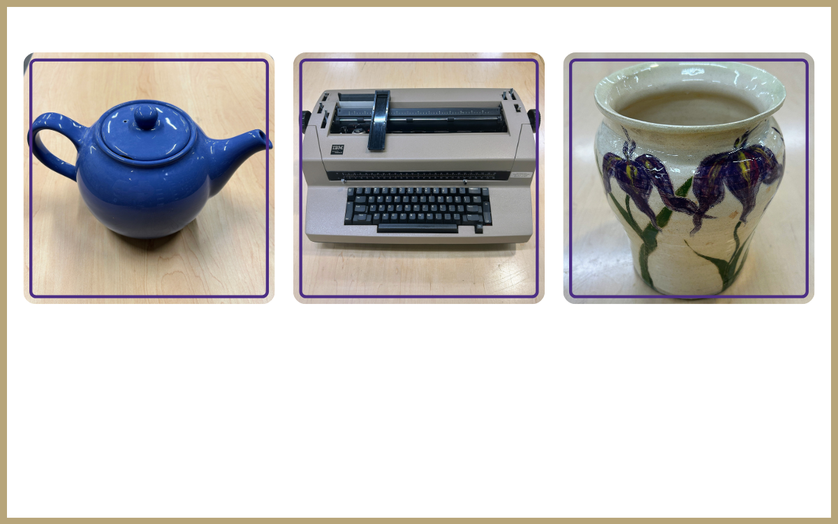 periwinkle teapot, electric typewriter, floral vase