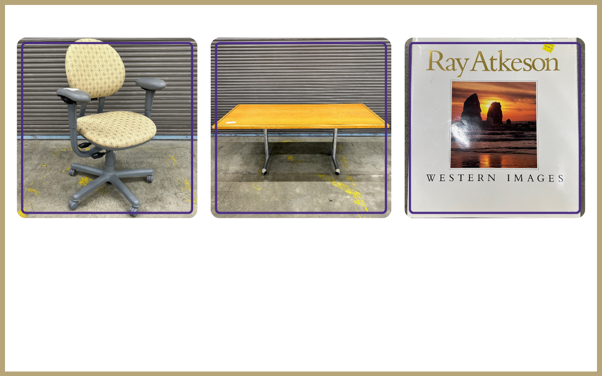 Yellow office chair, wood rolling table, western images coffee table book