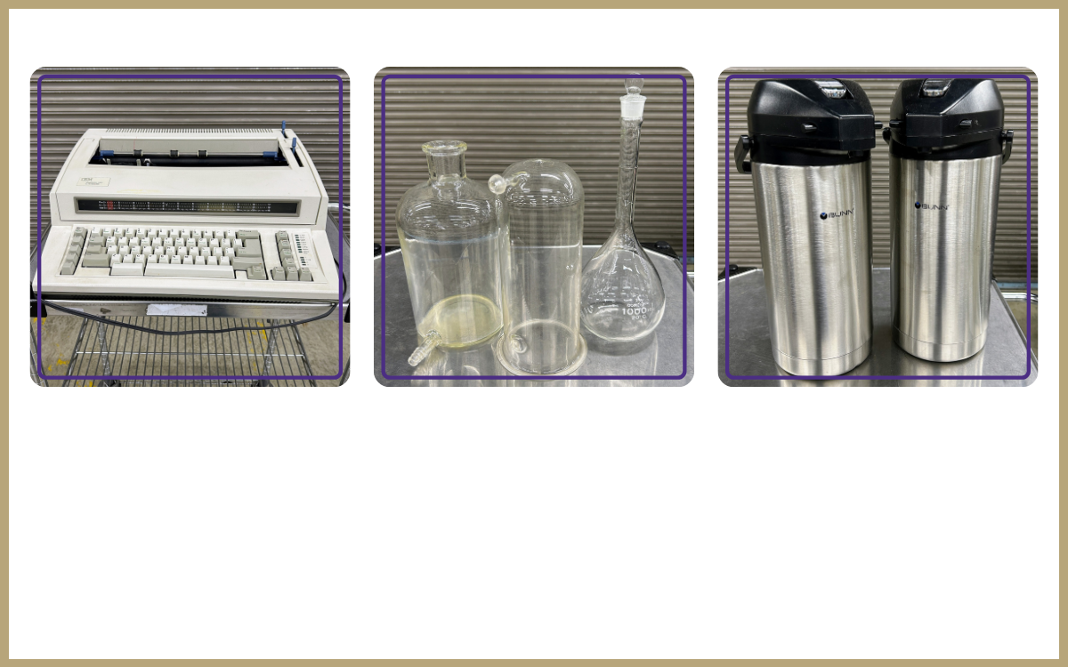 electric typewriter, trio of lab glass, duo of Bunn airpots