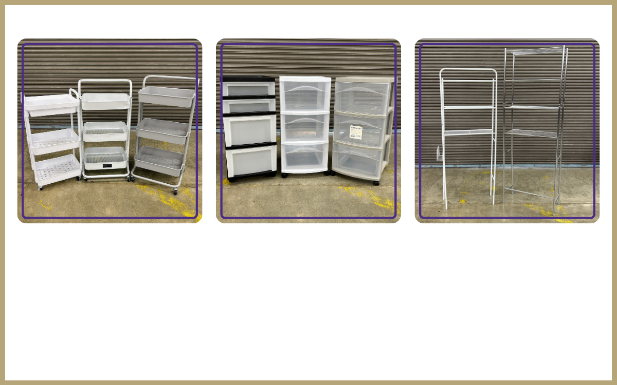Trio of 3-tier storage carts, trio of multi-tier storage drawer carts, duo of over-the-commode storage shelves