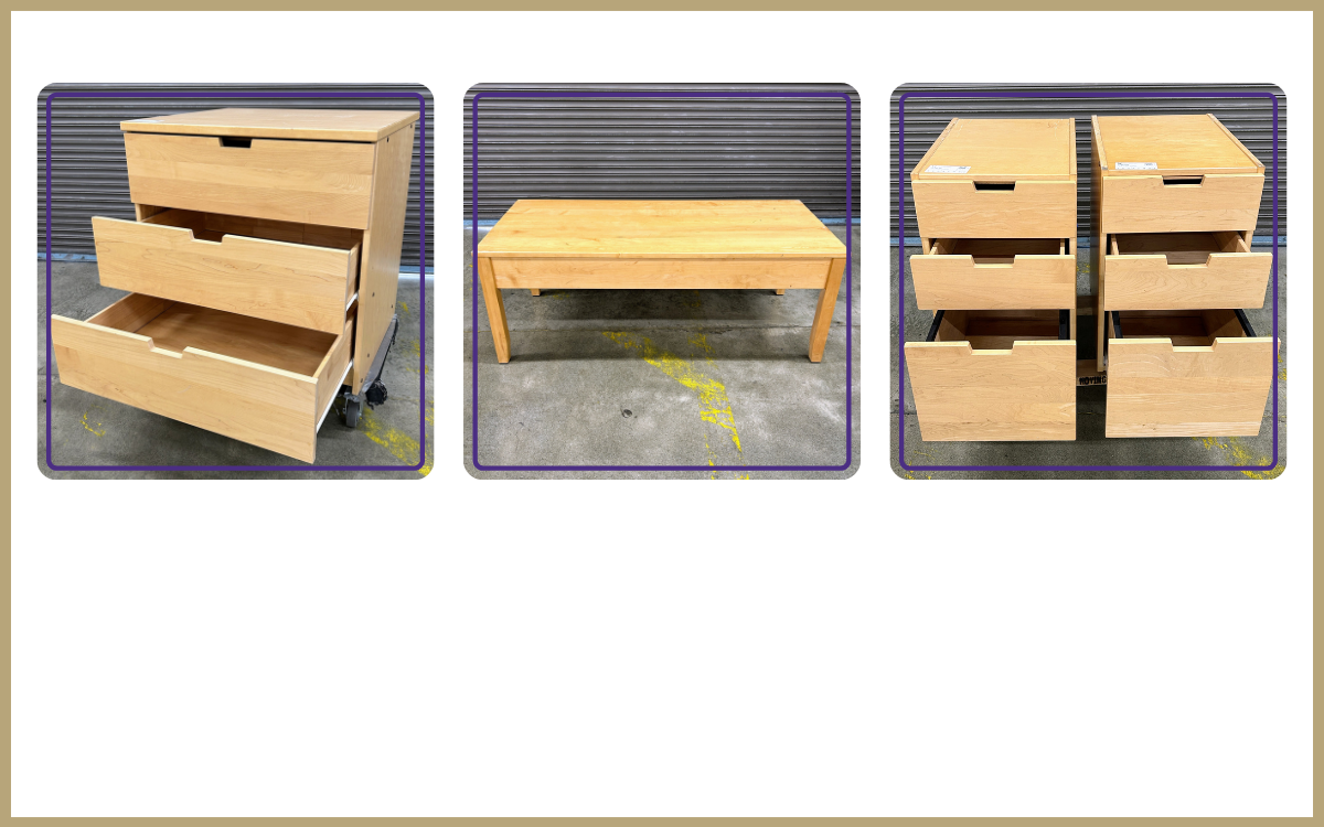 Maple wood furniture: dresser, coffee table, pedestal cabinet