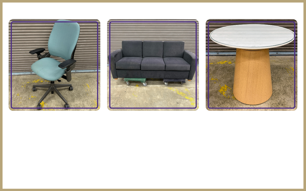 Steelcase blue office chair, dark green couch, small round table