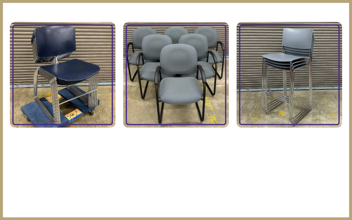 Stack of navy chairs, multiple blue-grey fabric office chairs, graphite grey tall chairs