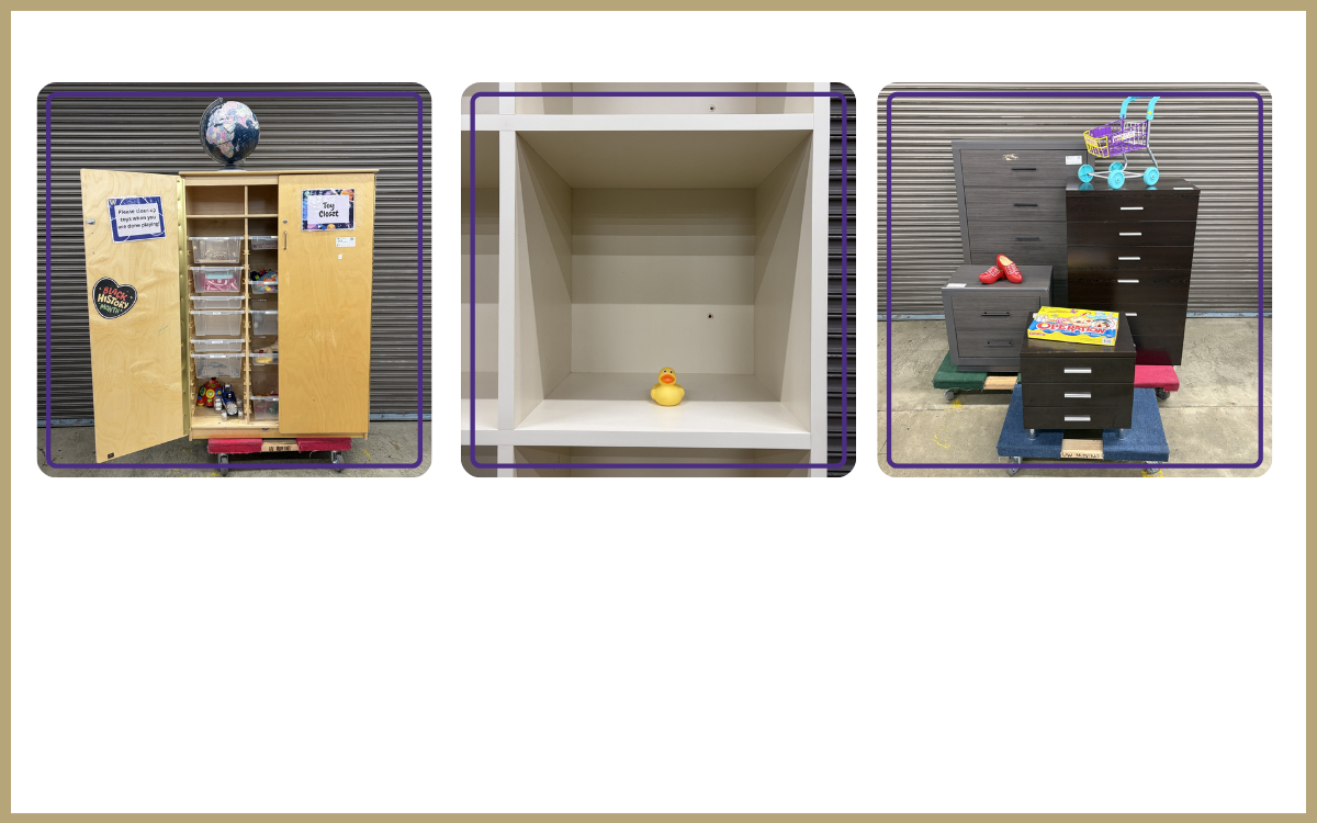 wood cabinet, various kids toys, small rubber ducky and dressers