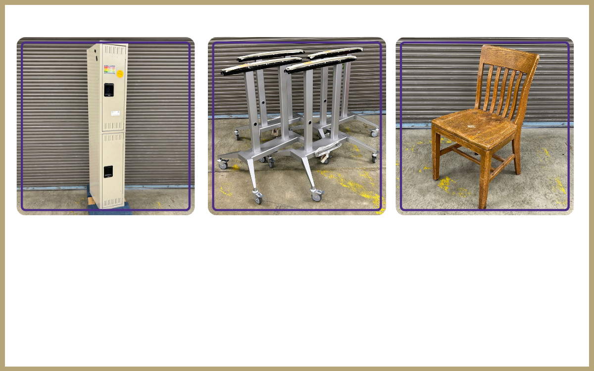 Lockers: $75.00  Foursome of Fellowes Aeramax Pro AM4 Flex mobile mounts: $20.00 each  Northwest Chair Co. wood chair: $15.00
