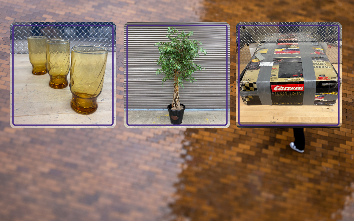 yellow drinking glasses, fake tree and carrera toy car set