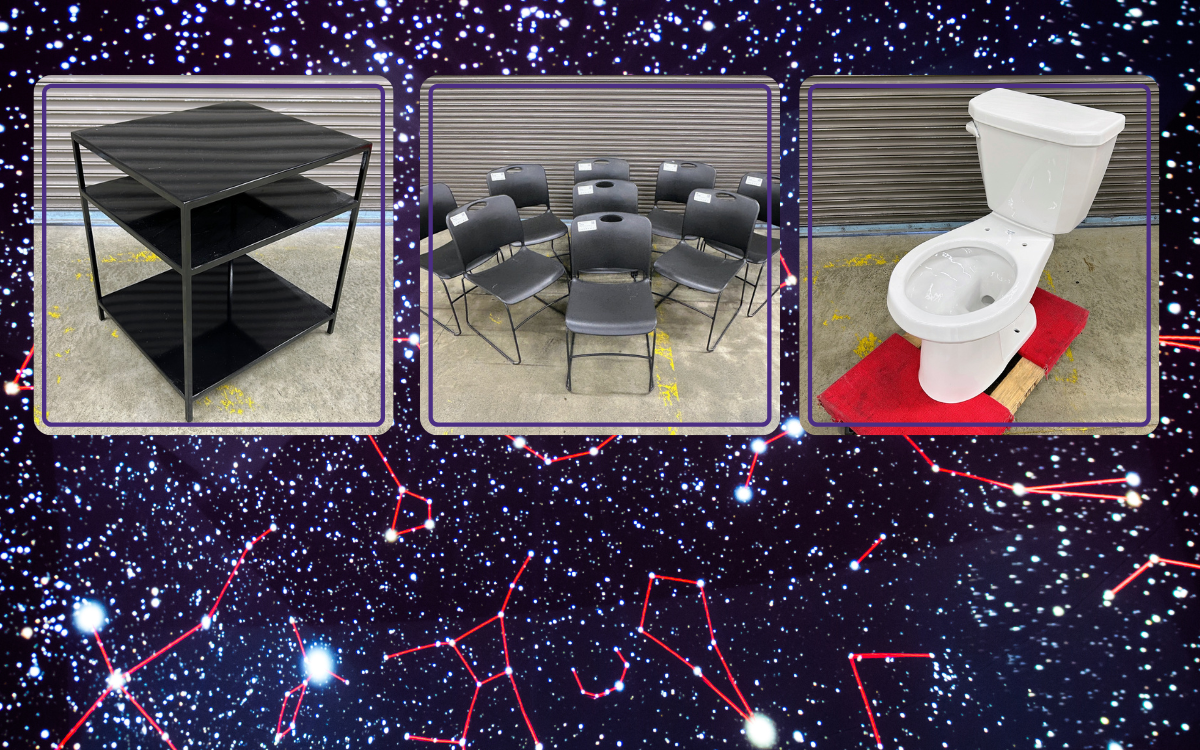 Three-tiered black metal side table - $45.00  KI Maestro stacking chairs - $10.00 each  Gerber toilet (brand new out of box) - $30.00