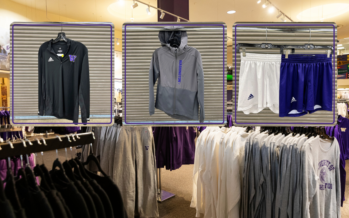 black quarter zip jacket, grey raincoat, and shorts in white and purple