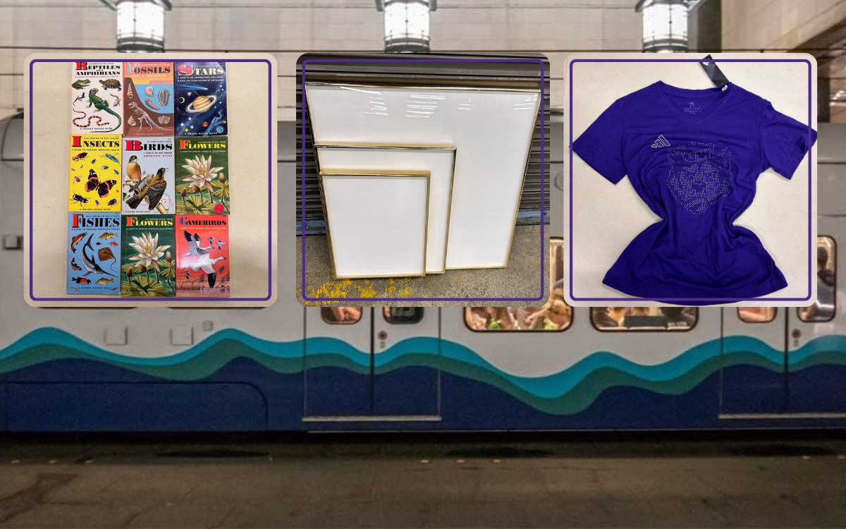 Vintage pocket books - 50¢ each  Gold rimmed frames (various sizes) - $2.00 - $6.00 each  Purple Husky dot matrix graphic t-shirt - sizes M-L - $10.00 each