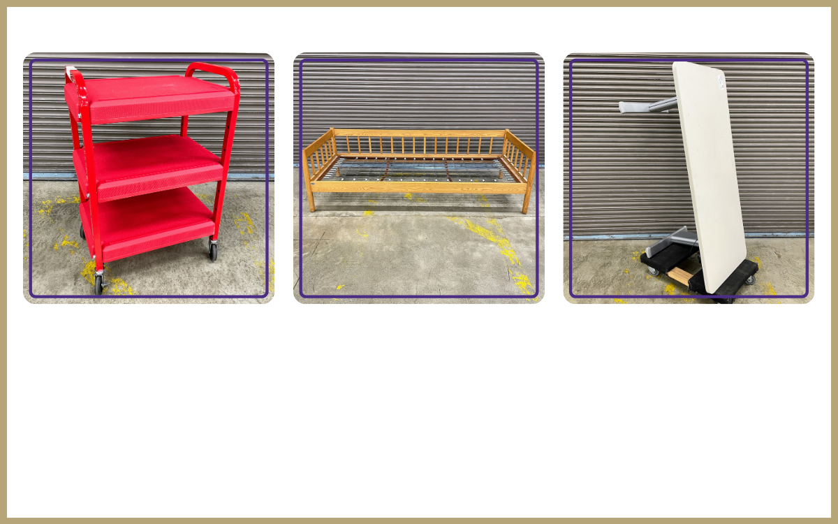 small red plastic 3 tier cart, wood twin daybed frame, sit/stand desk