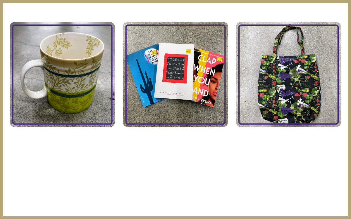 botanical patterned coffee mug, 3 books with bright covers, patterned tote bag