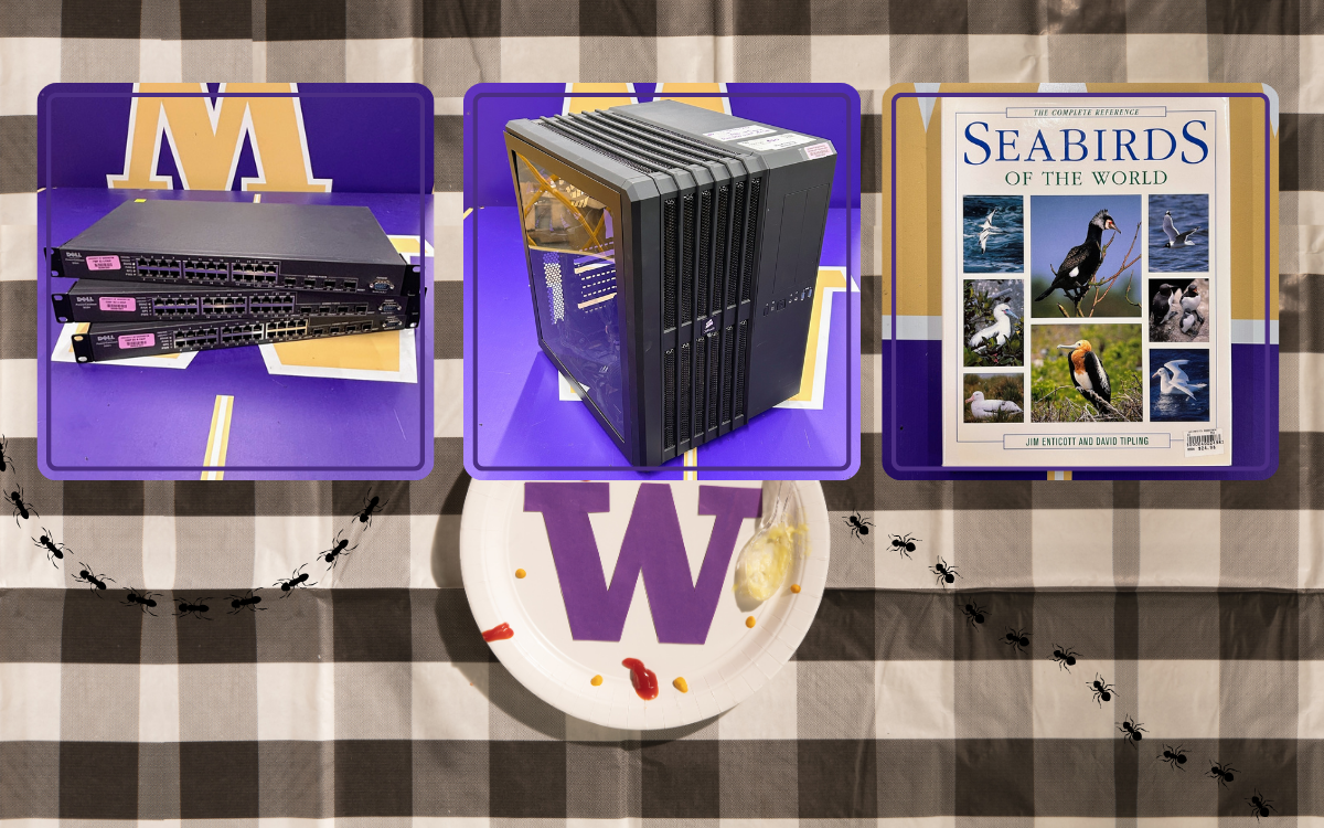 a stack of computer switches, a computer CubeCase, a book of seabirds  on a picnic table setting