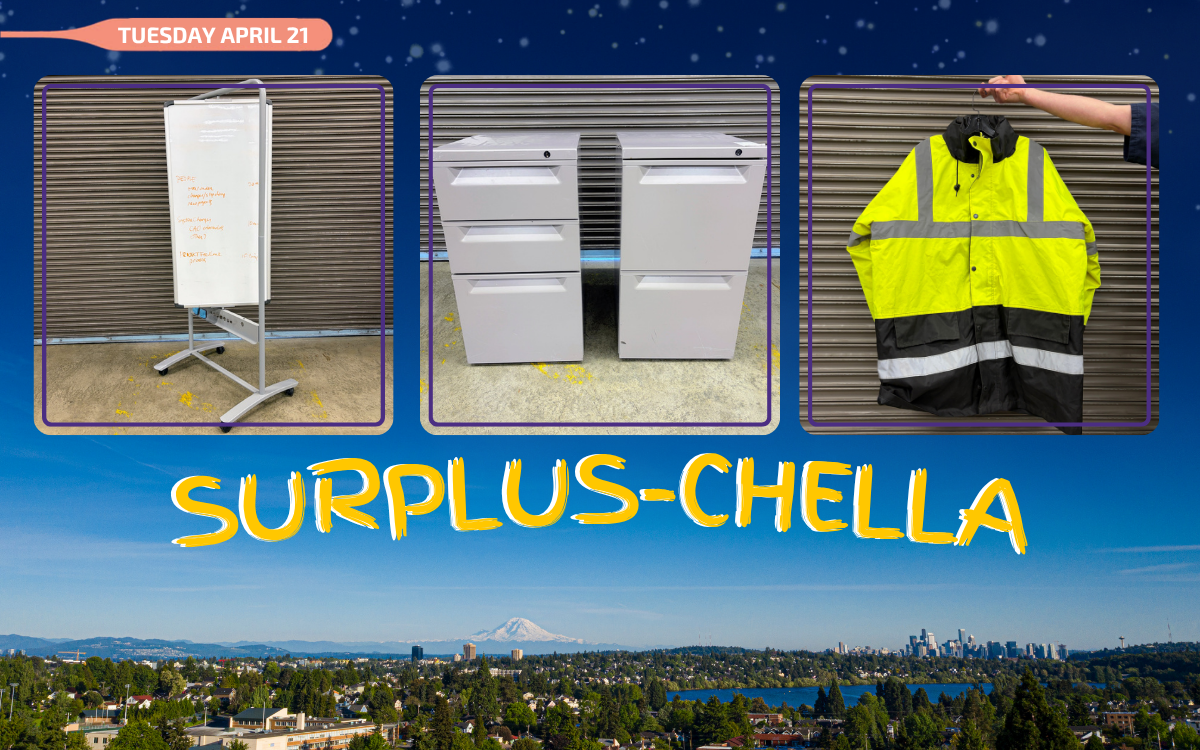 a rolling whiteboard, two small file cabinets, a high visibility jacket on a picture of the seattle skyline