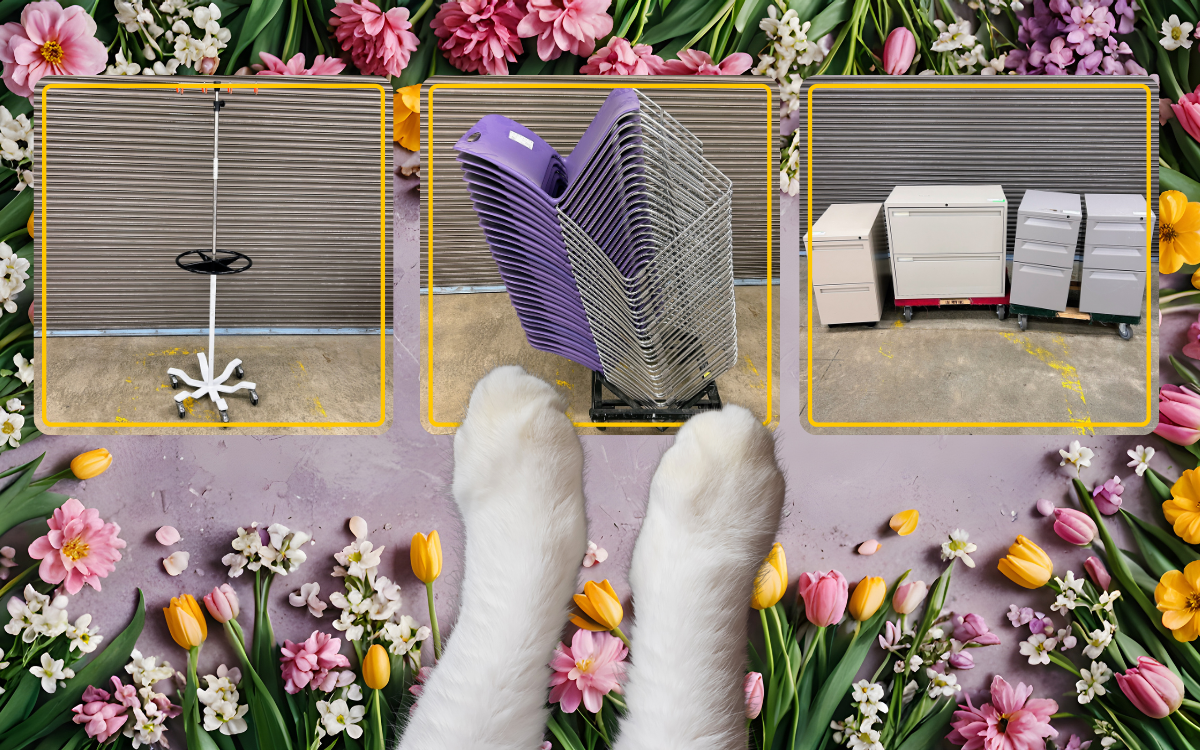 two cat paws point to bundles of flowers surrounding three images of an IV pole on wheels, stack of 28 chairs and pedestal filing cabinets