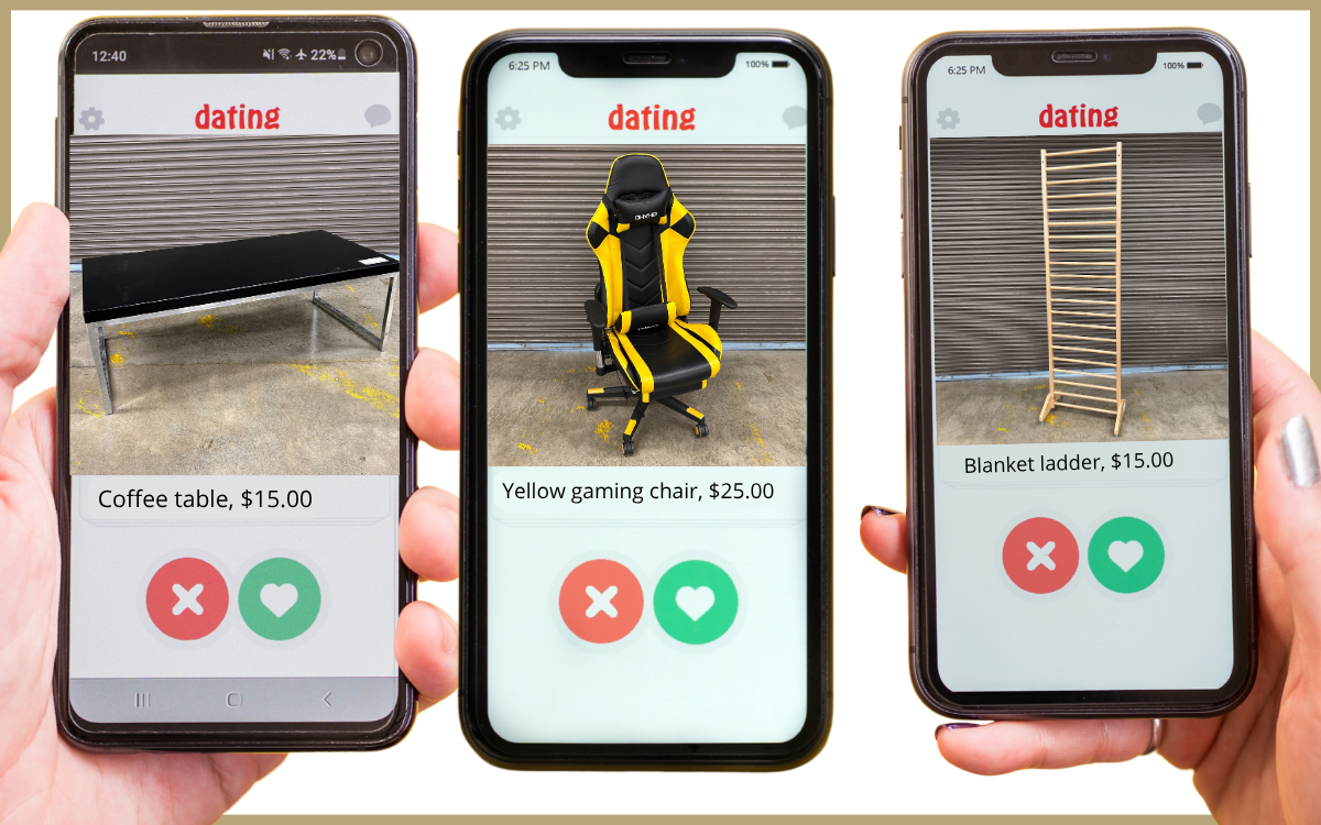 three phones with dating apps loaded with three images of a coffee table, a gaming chair and a blanket ladder