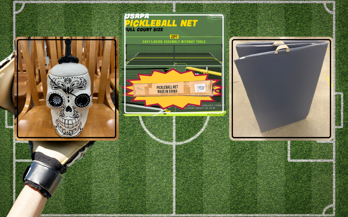 soccer field and a set of goalie gloves behind three images of a skull cookie jar, a pickleball net set and a folding floor mat