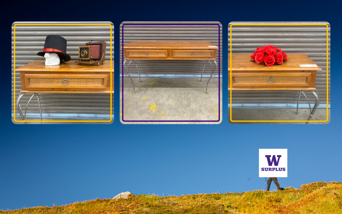blue sky behind a person hiking with three images of a hat, fake camera, console table and a fake flower bouquet