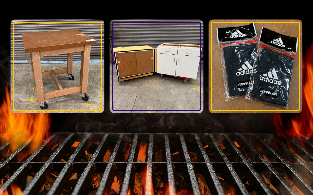 open flame grill with three images of a rolling wood table, two cabinet units and some adidas head wraps