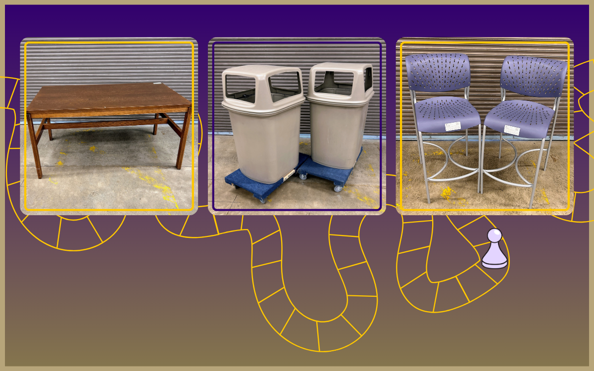 UW school colors gradient with a game board in front with three images of a large wood table, two trash cans and two bar height armless chairs