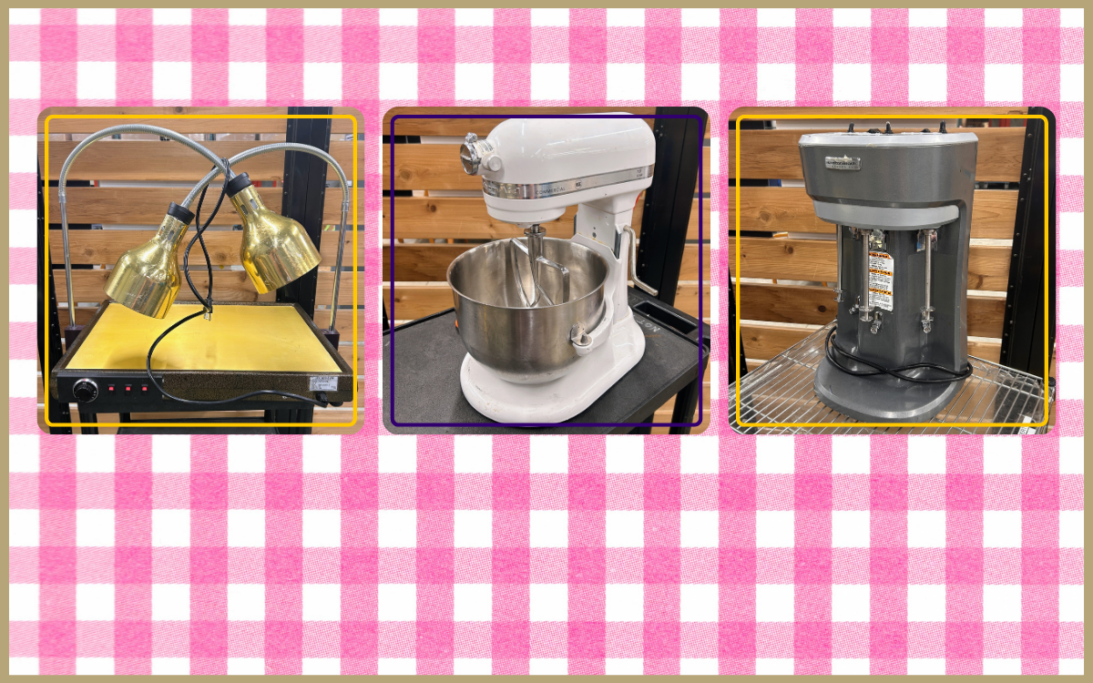Crescor gold buffet heat lamp - $15 KitchenAid commercial mixer 7qt - $95 Hamilton Beach triple shake maker - $95