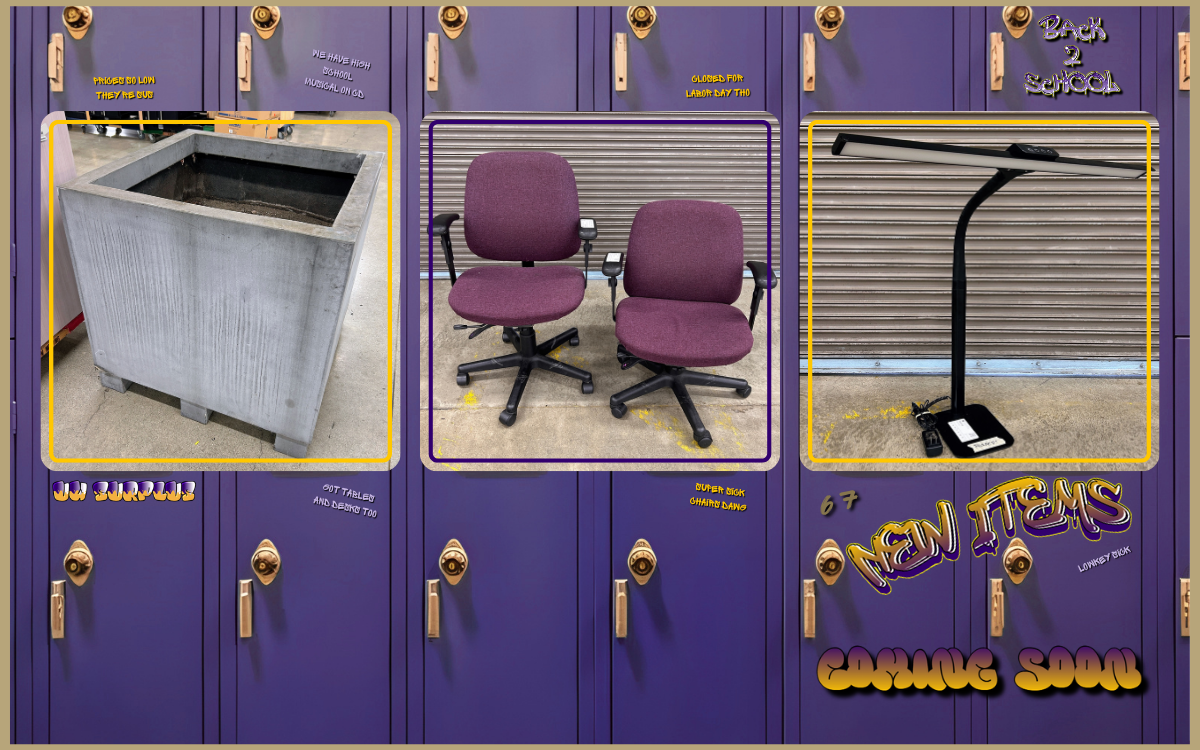 row of lockers with three images of a giant cement planter, two office chairs and a lamp
