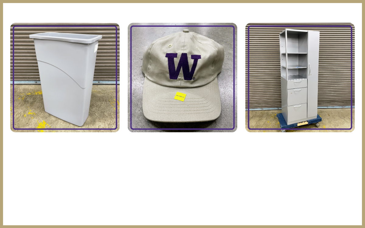 grey waste bin, UW logo hat, tall metal storage tower