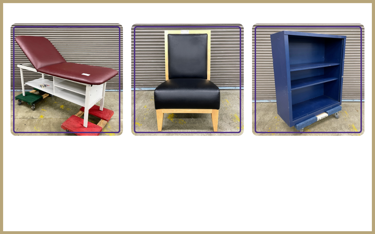 maroon physical therapy table, black chair, metal bookcase