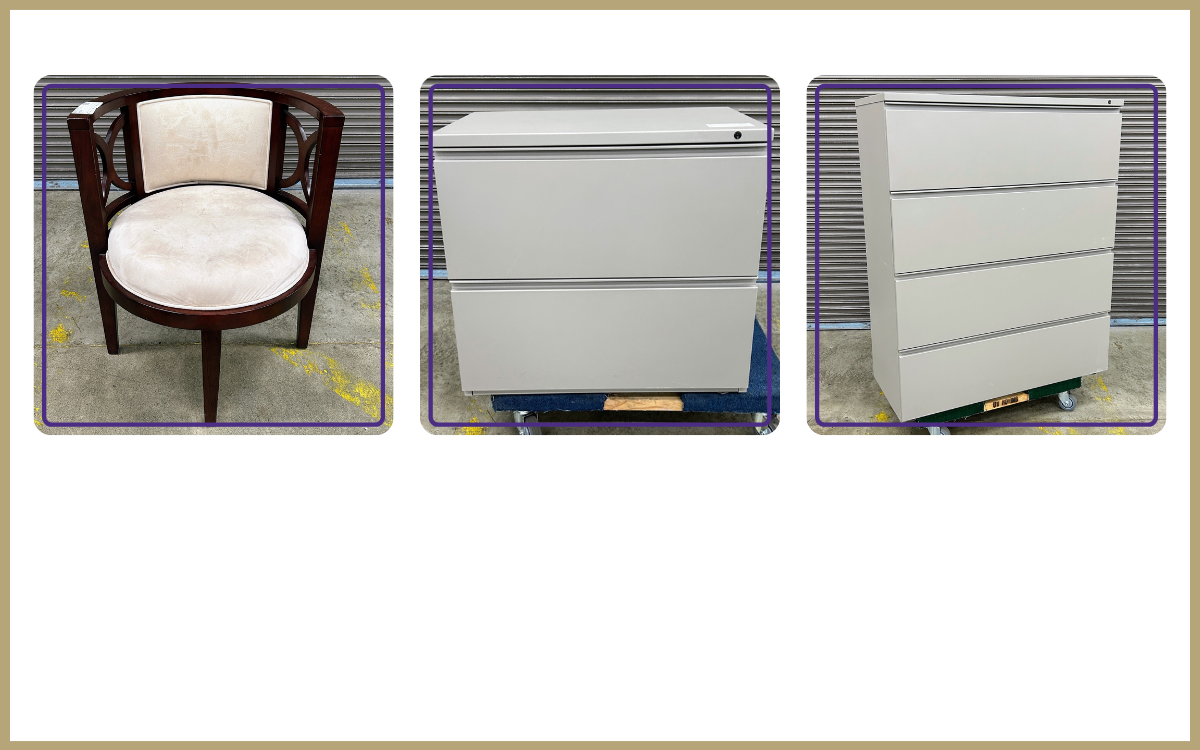 Round fabric chair, Herman Miller 2-drawer lateral file cabinet, Herman Miller 4-drawer lateral file cabinet