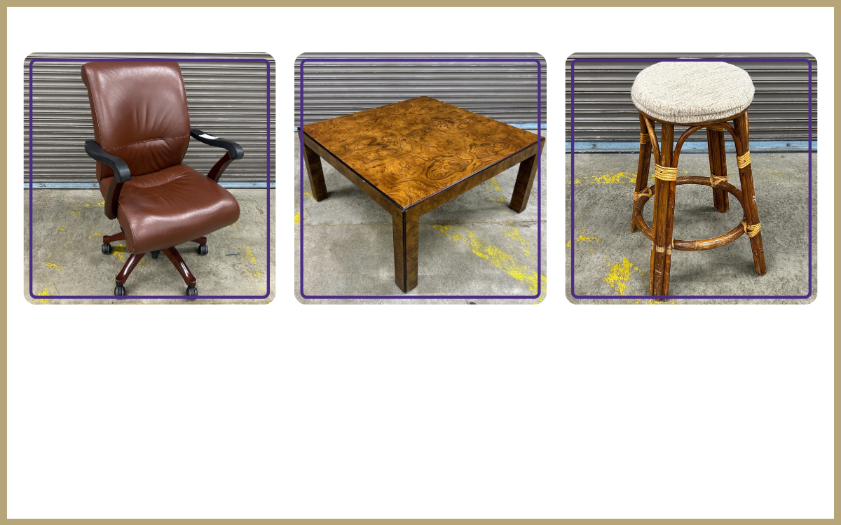 Handsome office chair, burled wood coffee table, bamboo and rattan stool