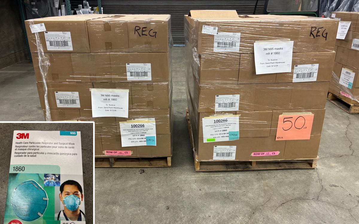 Two pallets of boxes, with a 3M N-95 mask box insert.