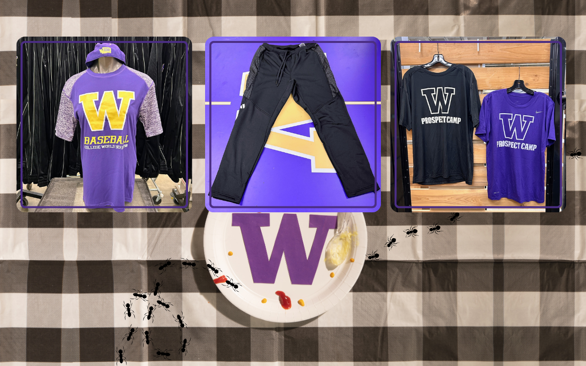 a husky branded baseball shirt, a pair of black sweatpants, a set of matching "prospect camp" branded shirts on a picnic table setting
