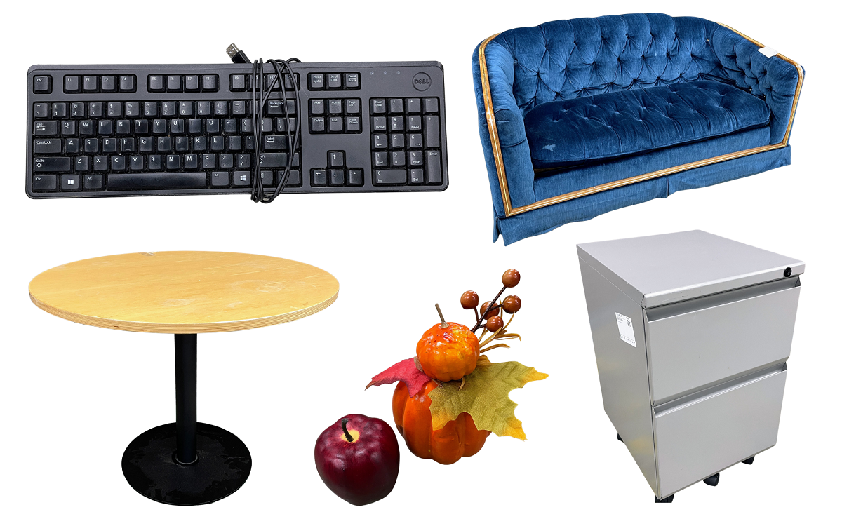 Photos of: keyboard, loveseat, pedestal file cabinet, seasonal décor, round table