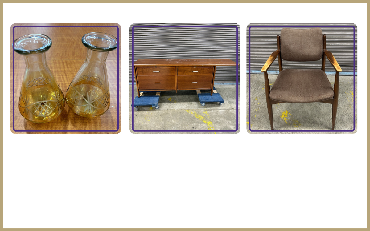 Duo of etched glass vases, wood console, brown fabric chair