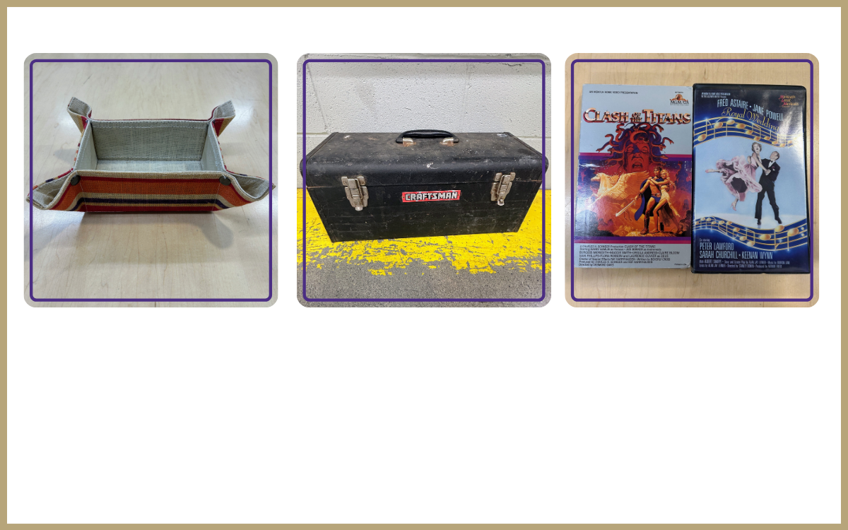 woven tray, craftsman toolbox, VHS tapes