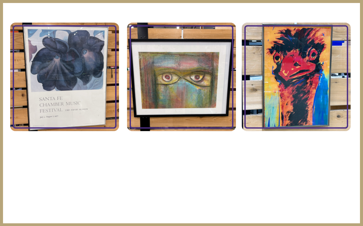 Three framed prints of artworks by various artists