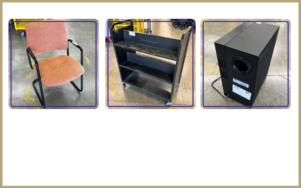 orange fabric chair, library cart, subwoofer