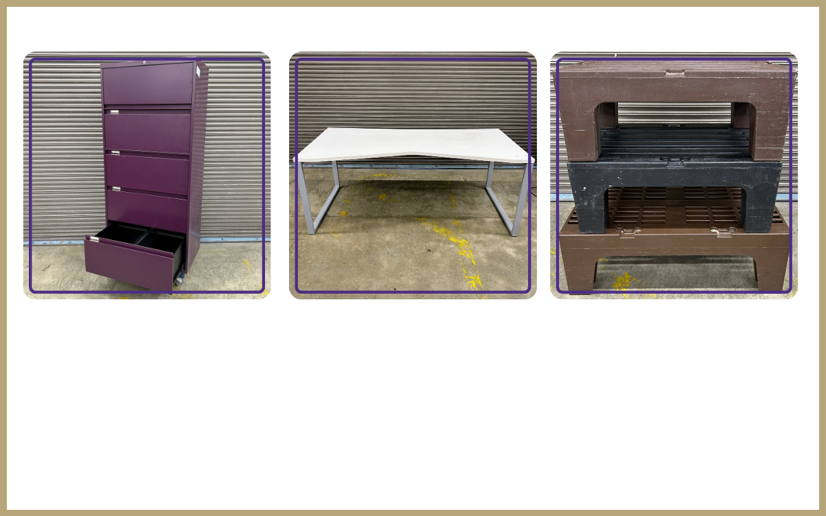 Purple 5-drawer file cabinet, 6 foot wide table, Trio of Cambro dunnage racks
