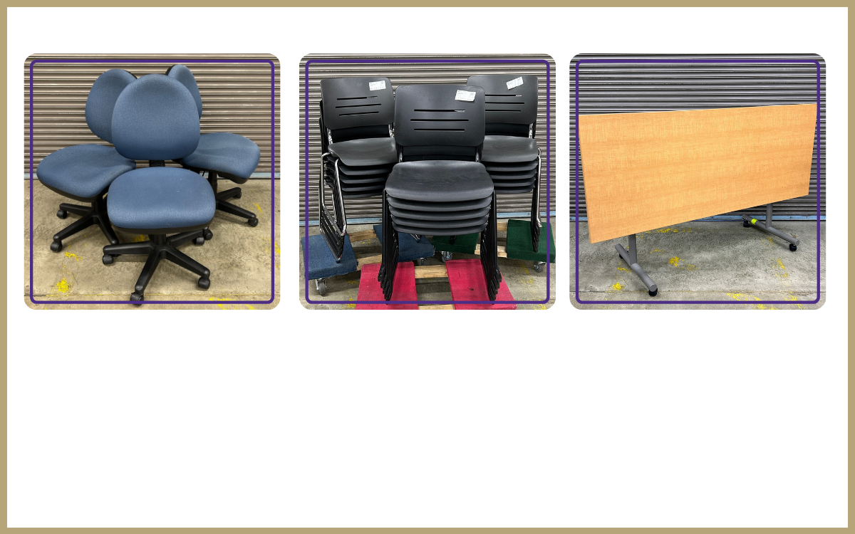 trio of blue fabric office chairs, three stacks of black chairs, fold down table with a light wood finish