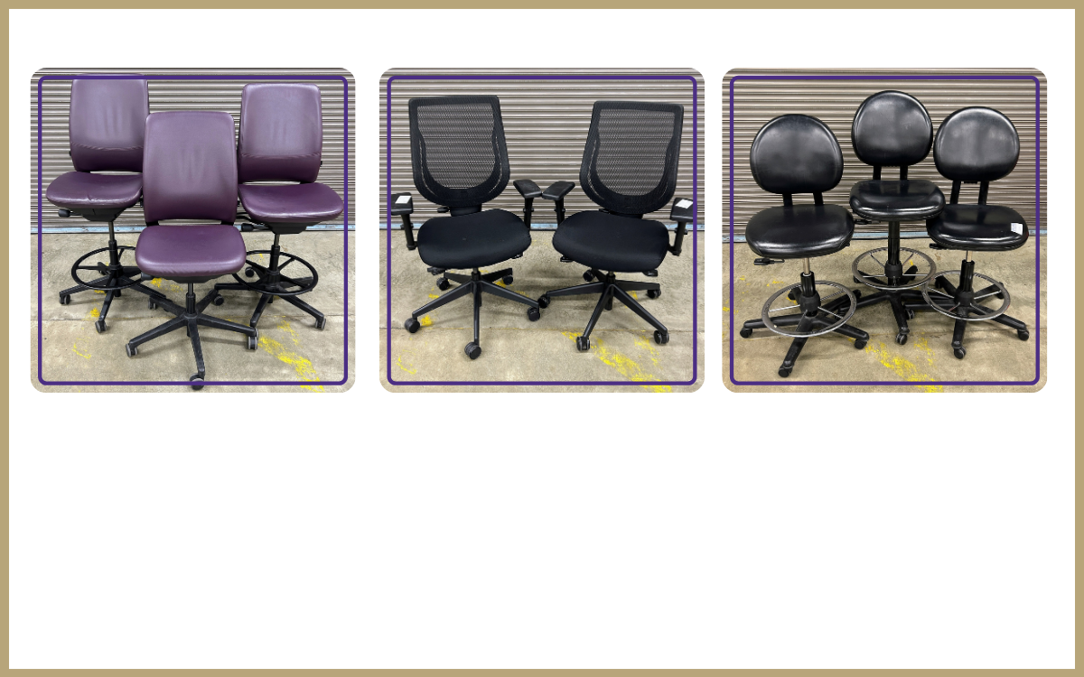 Trio of purple Steelcase lab stools, Duo of black office chairs, trio of black vinyl lab stools