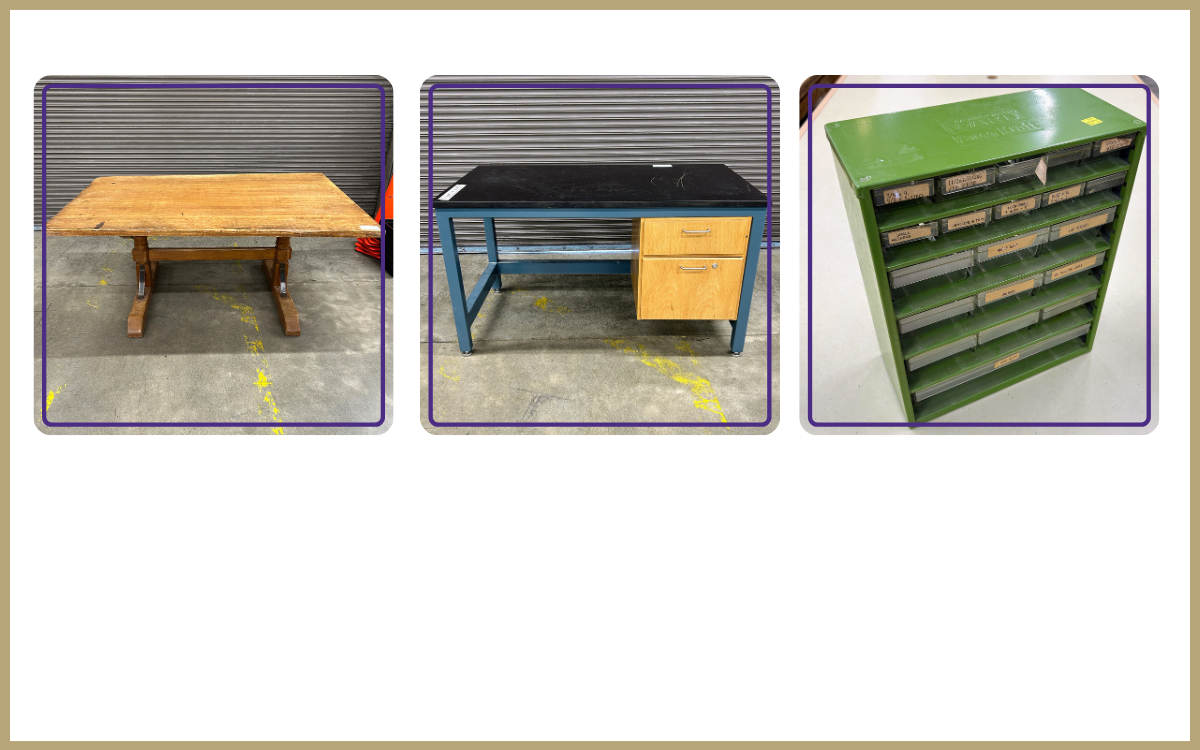 Large wood table: $125.00  Workbench with adjustable drawers: $85.00  Montgomery Ward PowerKraft metal organizer: $15.00