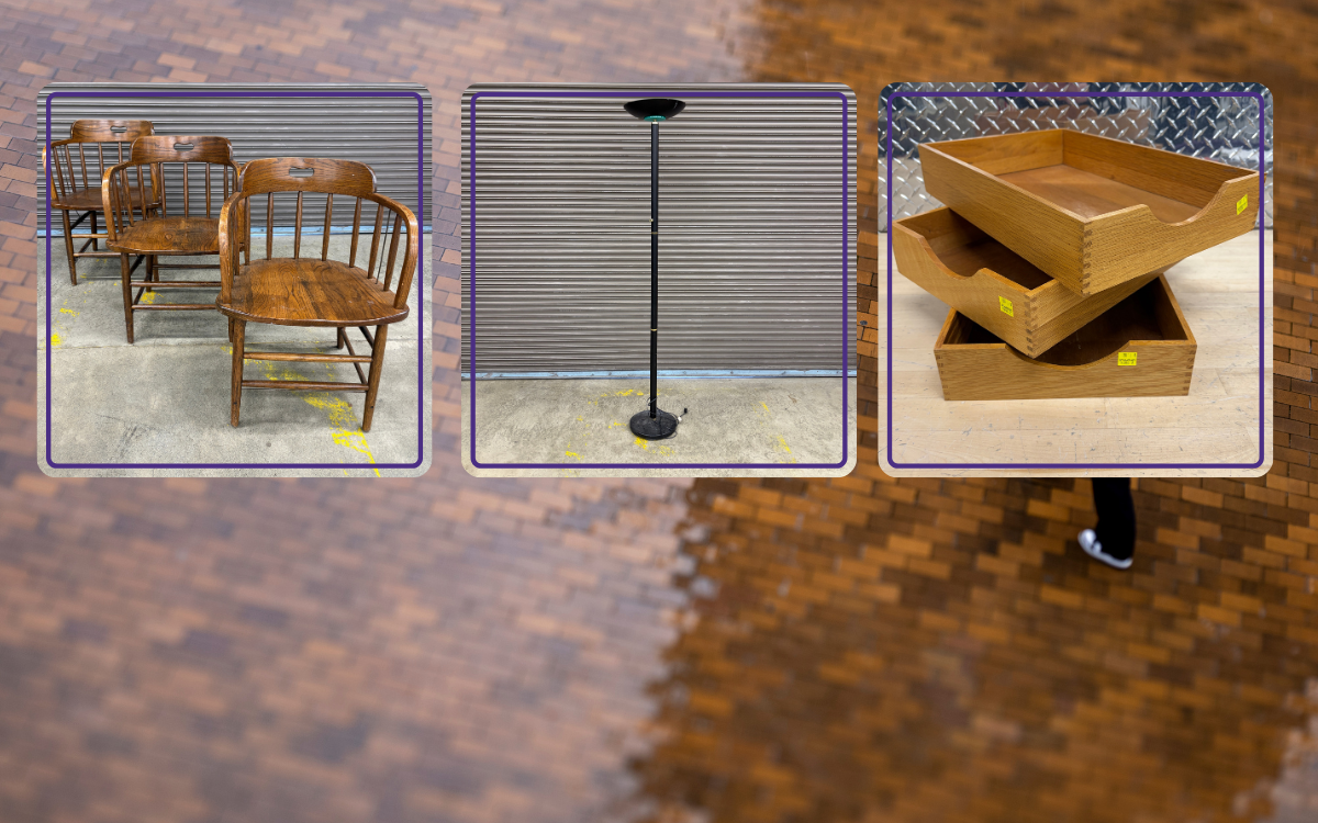 oak wood chairs, vintage floor lamp and wood organizers