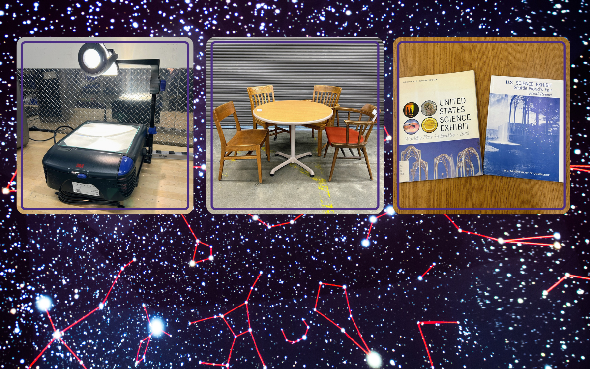 Projector - $20.00  Round table and four wood chairs - table - $10.00, chairs - $15.00 each  Seattle Science Center 1962 exhibit guidebook - $2.00